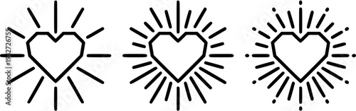 Three heart symbols with radiating lines and dots on a white background representing love and affection in a simple black line art style