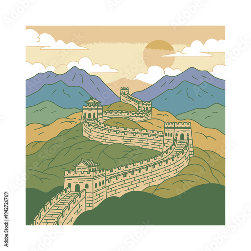 Great Wall of China Ancient Fortification Scenic View.