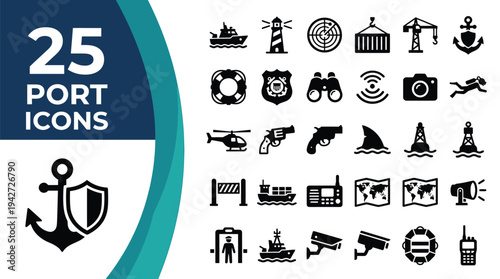 A collection of 25 port and maritime-themed icons displayed on a white background.