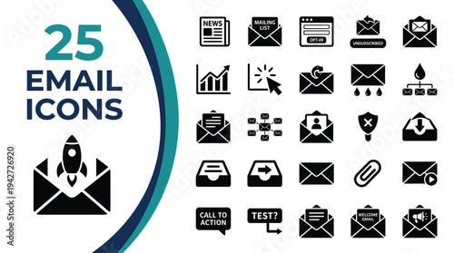 Collection of 25 email icons representing communication and digital messaging services.