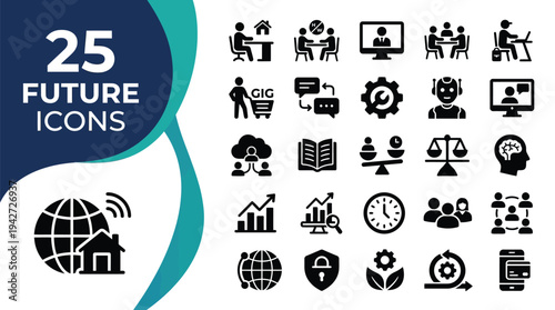 A collection of 25 future-themed icons representing technology and business concepts.