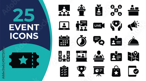 Collection of 25 event icons representing various aspects of organizing and attending events.