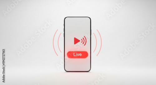 Smartphone screen displays live streaming on air indicator with red play button and signal waves on gray background