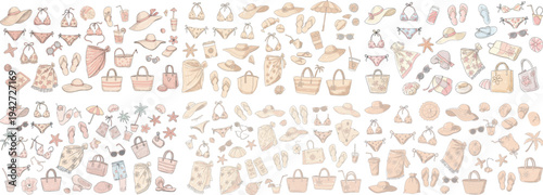 A vibrant collection of summer beachwear and accessories in pastel colors, perfect for summer vibes.