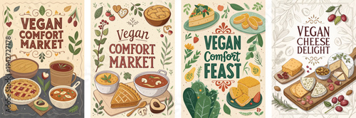 Colorful illustrations of vegan comfort food in a market setting.