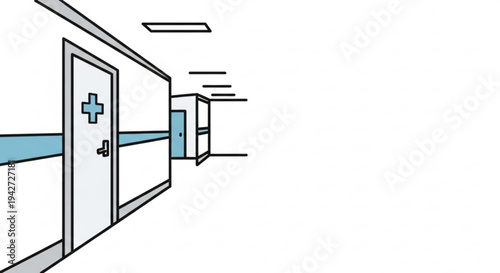 Hospital corridor with blue accents and medical doors