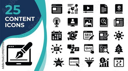 A collection of 25 icons representing content creation and digital marketing concepts.