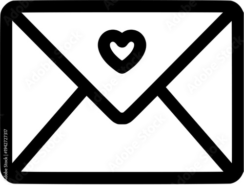 A black and white icon of an envelope with a heart on it symbolizing love or affection through mail correspondence