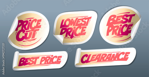 Price cut, lowest price, best price, clearance - vector stickers set mockups