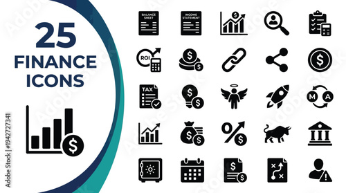 A collection of 25 finance-related icons are displayed on a white background.