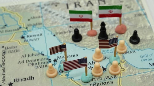 Strategic map showing the escalating tension between Iran and the United States in the Strait of Hormuz, symbolizing a geopolitical struggle for control over oil resources and regional influence