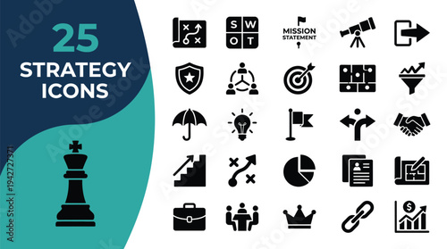 A collection of 25 strategy icons representing business planning and success.