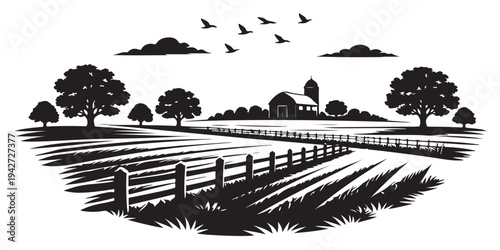 Open Prairie Farm Countryside Scene Silhouette, Silhouette Vector, Isolated on White Background