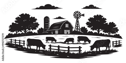 Pasture Livestock Farm Landscape Silhouette, Silhouette Vector, Isolated on White Background