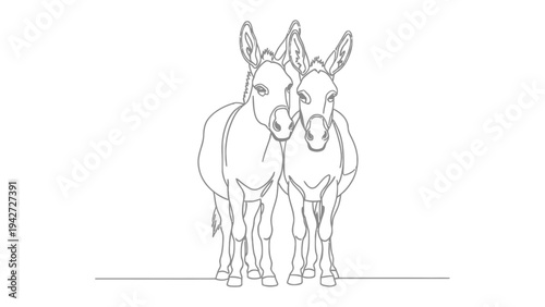 Two Donkeys: A charming line drawing of two donkeys standing side by side, their gentle expressions and upright ears capturing their humble nature.