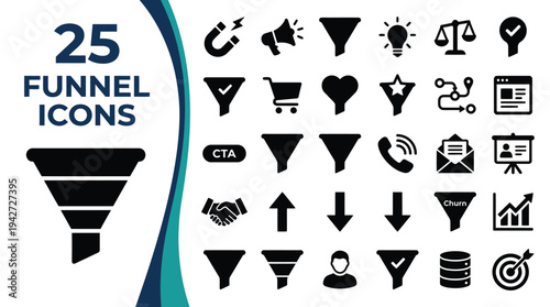 Collection of 25 funnel icons representing business and marketing concepts.