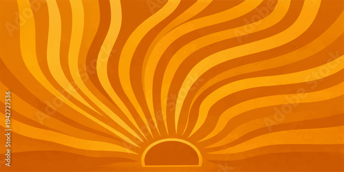 A bright abstract vector illustration featuring a warm orange sun and yellow waves in a swirl pattern creates a hot summer background design with fiery light rays and a textured art backdrop