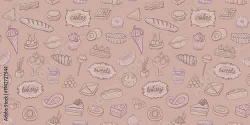 Seamless pattern with desserts and baked goods graphic doodle style hand drawn sketch, vector background, vintage style