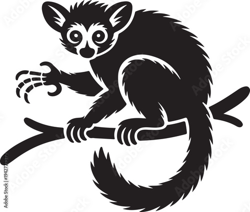 Cute Aye-aye primate animal sitting on a tree branch silhouette illustration