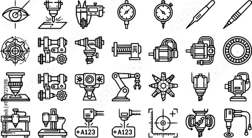A collection of various industrial and mechanical icons and symbols in a line drawing style on a white background