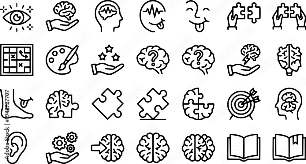 Fototapeta premium A collection of black line icons representing various brain and mental health concepts on a white background