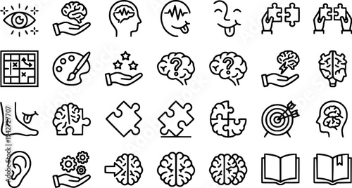 A collection of black line icons representing various brain and mental health concepts on a white background
