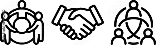 Three black line art icons depicting teamwork and partnership on a white background for business or social concepts
