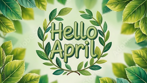Hello April greeting with green leaves wreath isolated on transparent background