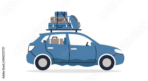 Blue car with luggage on roof rack for travel or road trip loaded with suitcases and bags