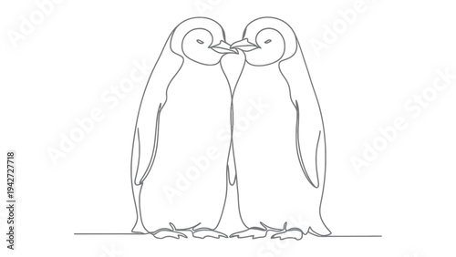 Penguin Embrace: Two penguins stand close, their beaks touching in a tender moment of affection, outlined delicately. 
