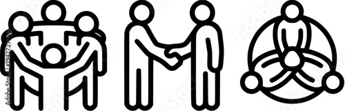 A set of simple line icons depicting people in various teamwork and partnership scenarios on a white background