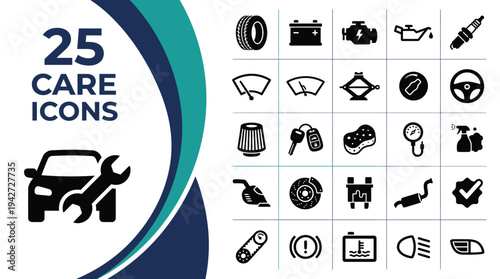 A collection of 25 automotive care icons representing various car parts and maintenance tools.