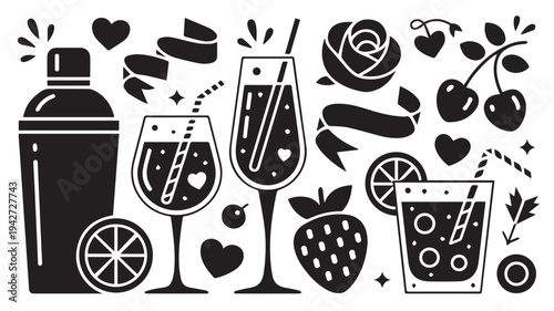Cocktail and bar icons: shakers, glasses, fruits, and festive elements for drinks and nightlife