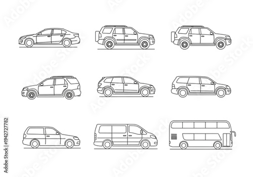 Universal Transport Icon Set: Side and Plan View Cars, Vans, and Buses
