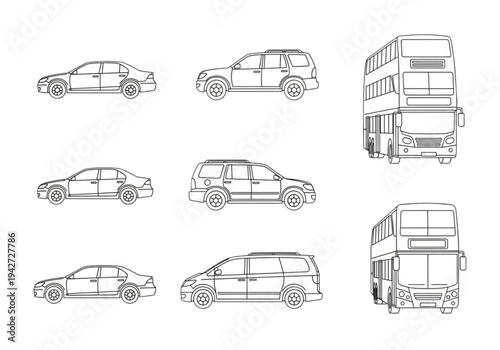 Universal Transport Icon Set: Side and Plan View Cars, Vans, and Buses
