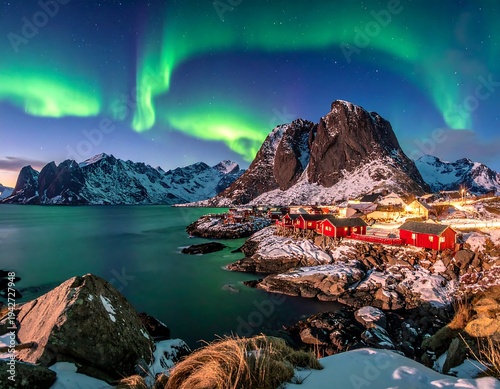 A scenic night view of a coastal village under the shimmering aurora borealis, with mountains and water