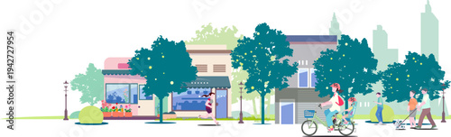 街並みを背景にジョギングやサイクリングを楽しむ人々のベクターイラスト