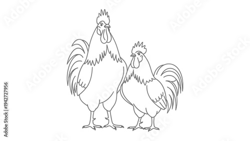 Roosters in Line Art: Two proud roosters, rendered in elegant line art, stand side by side, their distinctive features and confident postures, ready to be colored.