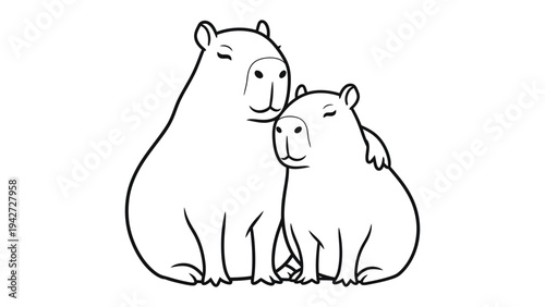 Heartwarming Capybaras: A tender illustration portrays two capybaras, each with closed eyes, embracing in a moment of pure affection, radiating serenity and closeness.