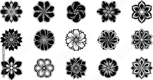 Black and white floral with various petal flowers petals shapes