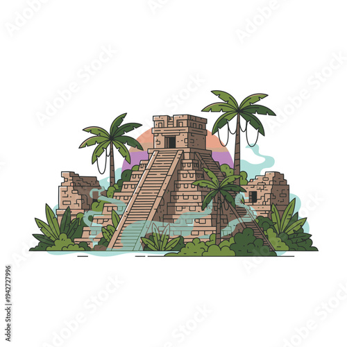 Ancient Mayan Pyramid Ruins in Lush Jungle Setting.