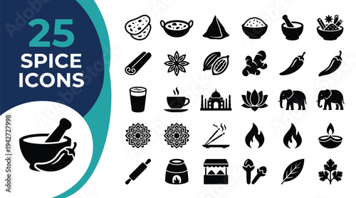 A collection of 25 Indian spice and culture icons are displayed.
