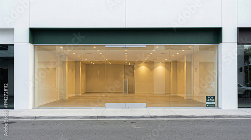 Fotografía Empty storefront with large glass windows and for lease sign on street during da