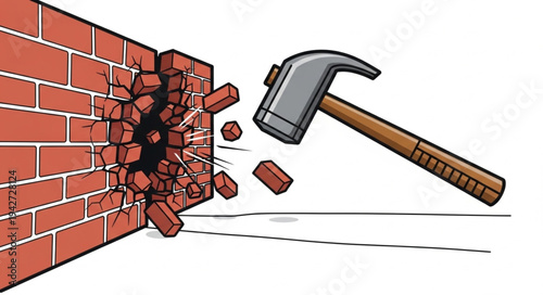 Hammer Breaking Through Brick Wall.