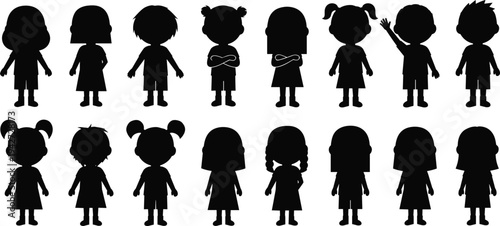 Vector collection of sixteen cute children silhouettes featuring boys and girls in various standing poses isolated on white background for school and education