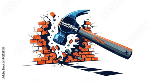 Hammer Breaking Through Brick Wall.