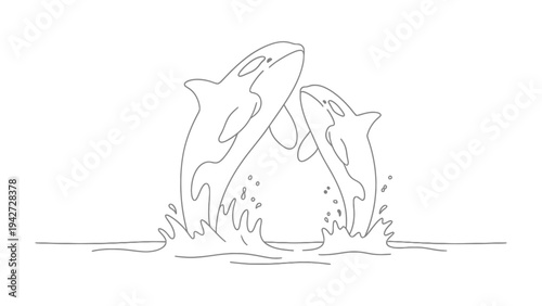 Orcas in Playful Dance: Witness the incredible acrobatics of two orcas as they leap and play amidst the ocean waves, showcasing the beauty and grace of these marine mammals.