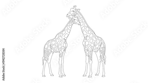 Giraffe Affection: A line drawing portrays two giraffes in a tender embrace, their elongated necks forming a graceful arc, symbolizing connection and tenderness. 