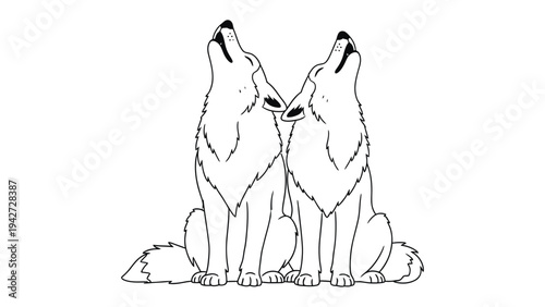 Harmonious Howl: Two majestic wolves sit side-by-side, bathed in a celestial glow as they let out a unified howl, a symphony of wilderness.