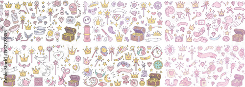 A whimsical collection of hand-drawn pastel icons featuring crowns, treasures, and magical elements.